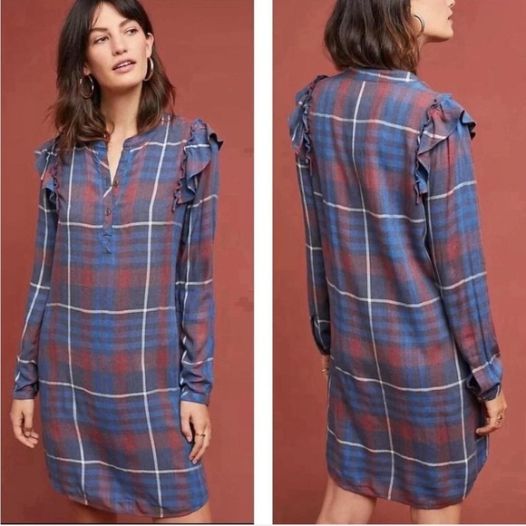 Anthropologie Dresses & Skirts - Anthropologie Blue and Red Plaid Long Sleeve ruffle Dress